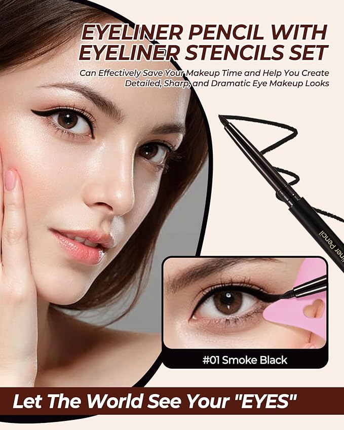 Black Eyeliner Pencil Retractable Gel Eye Liner Pencil Built in Sharpener Waterproof Smudge proof Waterline Eye Liner Pencils Smooth Creamy Texture With 1 Eyeliner Stencil Makeup Tool