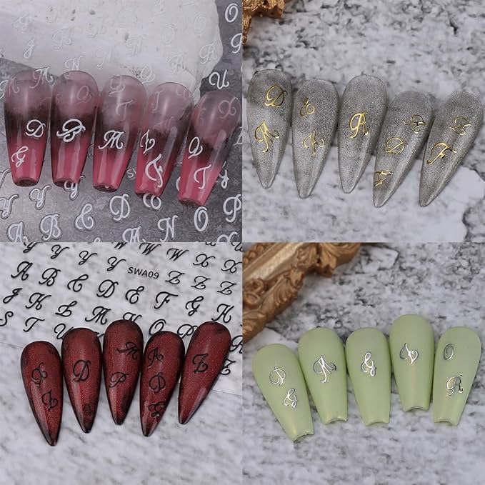 8 Sheets Retro English Nail Stickers Supply 3D Self Adhesive Letters Nail Decals Design White Black Gold Silver Personalized Alphabet Nail Art Stickers for Women DIY Nail Art Manicure Decoration