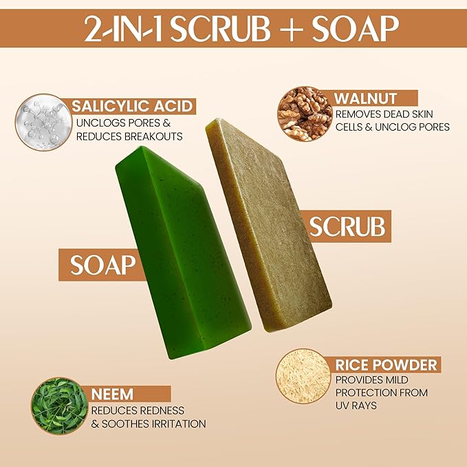 INDIAN SECRETS Scrub Soap with Salicylic Acid & Neem – Exfoliating Body & Face Soap – Enriched with Niacinamide, Tea Tree Extract, Neem, Salicylic Acid Pack of 3 (110g/3.88Oz each)
