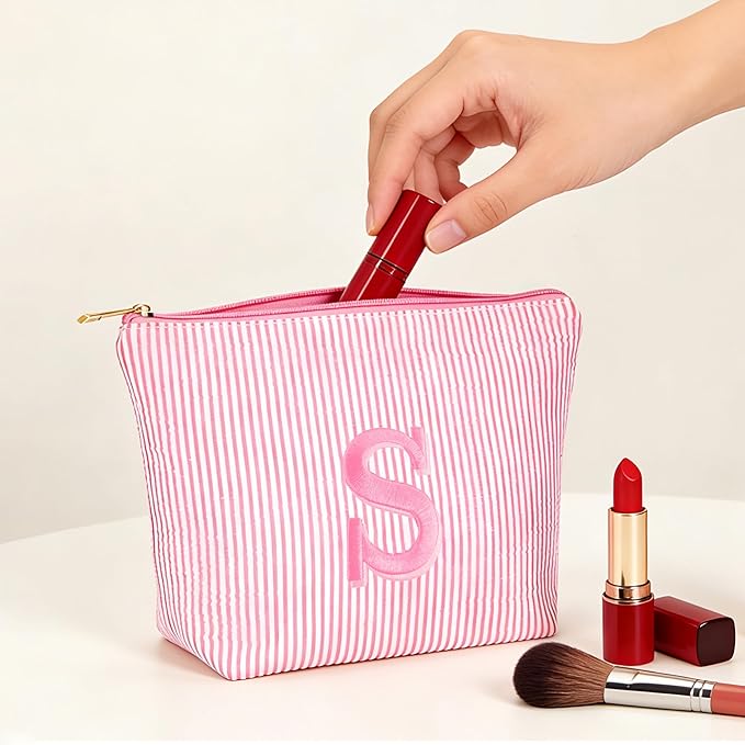 Fohufo Initial Makeup Bag Set for Women - Personalized Travel Pouch, Portable Cosmetic Bag Make up Kit Pouch | Travel Essentials Cute Makeup Bag Birthday Gifts for Women, Pink Letter R
