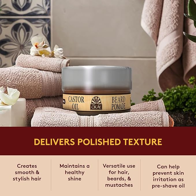 Okay | Men's Castor Oil Beard and Hair Pomade | For All Hair Types & Textures | All Day Hold | Sleek, Defined Look | Free of Silicone & Paraben | 4 oz, Brown (Okay-MENBHPOM2)