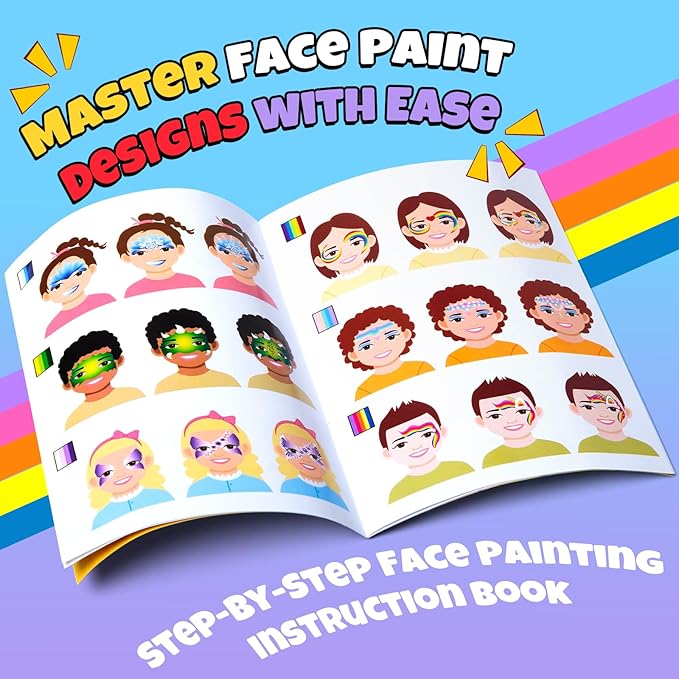 Professional Face Painting Kit for Kids Adults, Rainbow Split Cake Face Paint Makeup Palette 12 x 10gm+ 4 Colors Pro Pressed Glitter Eyeshadow Palette, with Brushes Sponges Stencils Gems