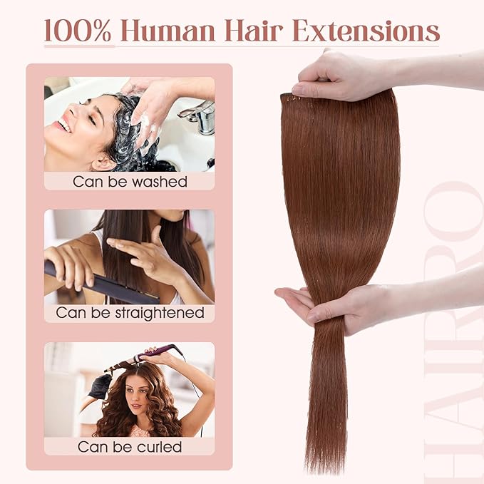 Hairro Sew in Hair Extensions Real Human Hair, 100g/bundle Weave Weft for Women Adding Volume and Length, for DIY Beauty Dating Party, 20 Inch One Bundle Straight Dark Auburn