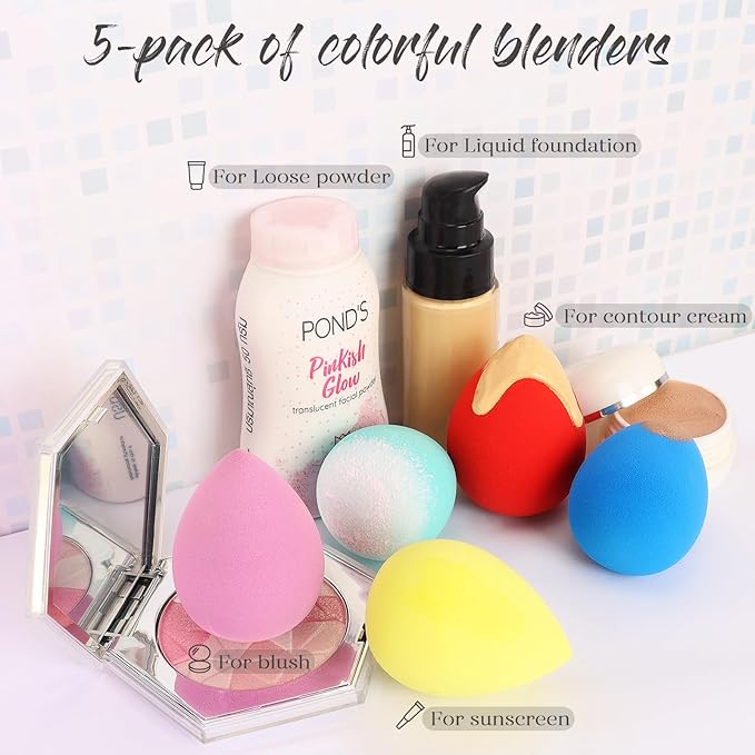 BEAKEY Makeup Sponge 5 Pcs Set, Latex-Free and Soft Boun Boun Beauty Sponge for Blending, Makeup Sponges for Foundation, Liquid, Cream and Powder. Blender for Enhanced Make Up Application