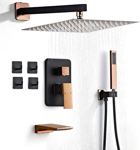 LCEVCGK Shower Faucet Set Complete with Tub Spout Matte Black and Rose Gold Shower System with 10 inch Rainfall Shower Head and Handheld Shower Rain Shower Combo for Bathroom Wall Mounted