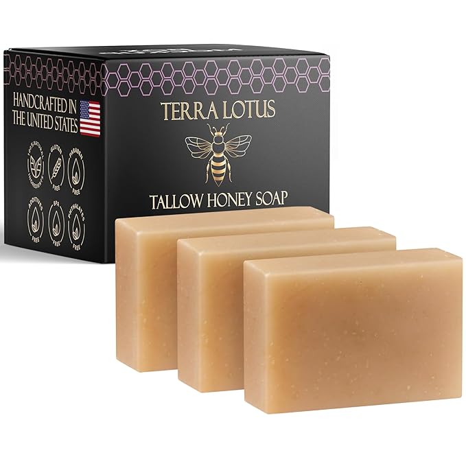 Terra Lotus - Organic Tallow Soap with Organic Castor Oil & Raw Honey - Relief for Dark Spots, Acne Marks, Hydrating & Nourishing - 3 Pack (Lavender)