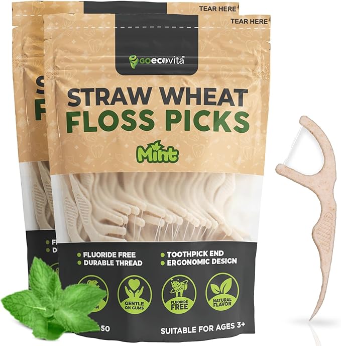 Dental Floss Picks - Straw Wheat Handle Flossers | Thin & Shred-Resistant Thread for Tight Gaps | Flossers for Adults | Gentle on Gums & Teeth (100 Pack, Mint)