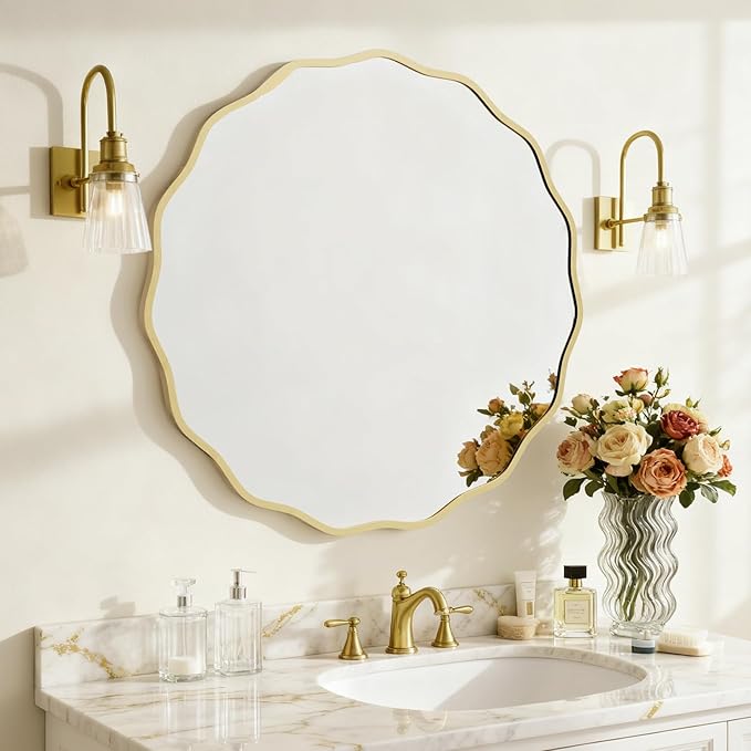 HOMECOOKIN 32 Inch Wavy Round Wall Mirror, Round Wavy Wall Mirror with Aluminum Frame for Bathroom Upgrades, Hotels, Dressing Tables,Farmhouses