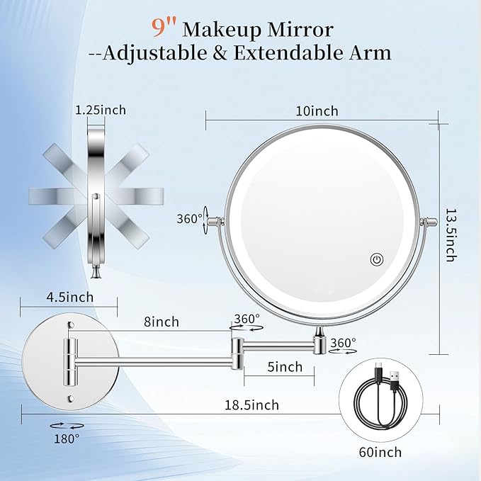 FUNTOUCH 30X/1X Wall Mounted Lighted Makeup Mirror, 5000mAh Rechargeable 9" Double Sided Magnifying Bathroom Mirror, 3 Color Modes Touch Dimmable Extended Arm 360 Rotation with Adapter,Chrome