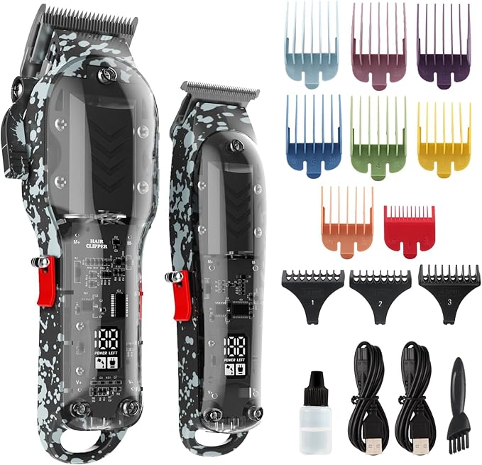 Professional Hair Clippers for Men, Cordless Barber kit for Hair Cutting & Grooming, Hair Clippers and Trimmer Set for Barber Haircut with LED Display, 8 Fade Taper Combs(Black Set)