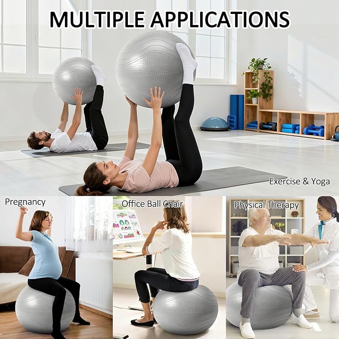 Gruper Yoga Ball, Multiple Sizes Non Slip Exercise Ball for Workout, Birthing, Balance, Stability, Pregnancy, 2200LB Capacity, Anti Burst Chair for Home and Office, Includes Quick Pump & Fitness Guide