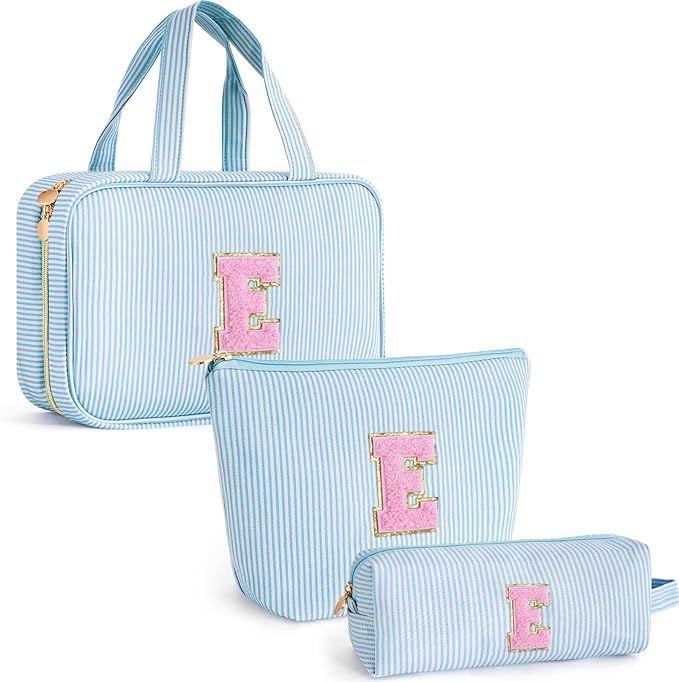 Fystdtote Personalized Initial Toiletry Makeup Bag - Travel Cosmetic Bag for Mom,Niece,Teen Girl Birthday Gifts - Blue E