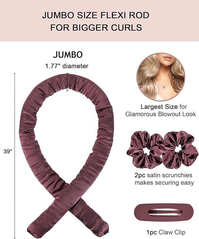 Jumbo Heatless Curls Overnight Hair Curlers to Sleep In Large Hair Rollers for Long Hair Blowout Look No Heat Overnight Curls, Soft Satin Flexi Rods Heatless Curling Rod Set Styling Tools for Women
