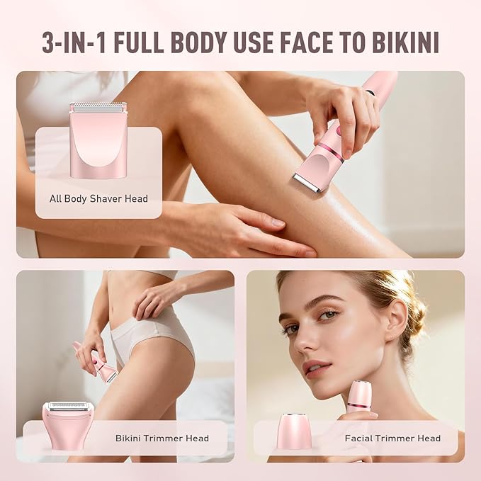 Bikini Trimmer for Women, 3-in-1 Electric Razors for Women, IPX7 Waterproof Rechargeable Cordless Pubic Hair Shaver, with LED Display, for Ladies Bikini Pubic, Face, Underarms, Legs(Pink)