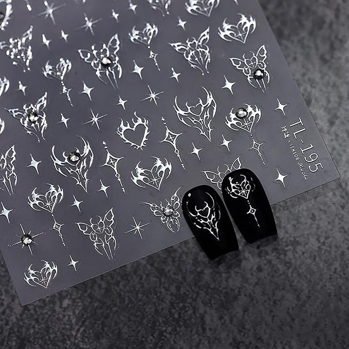 5D Embossed Heart Nail Art Stickers Self-Adhesive Silver Butterfly Nail Stickers for Nail Art Rhinestones Nail Decals Sliver Heart Nail Supplies Sliver Manicure Decorations for Women Girls