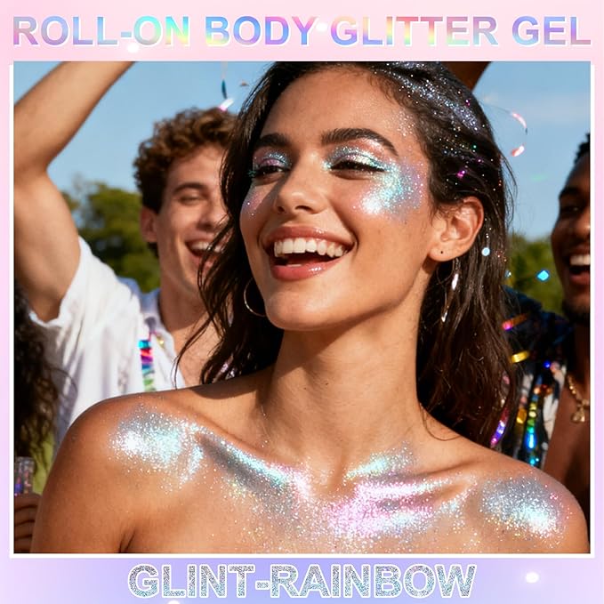 Roll-on Holographic Glitter Gel for Face & Hair,Sparkling Pink Shimmer Makeup,Color Changing Body Glitter for Festivals,Parties & Halloween,Chunky Mermaid Sequins Body Shimmer for Women(Laser Silver)