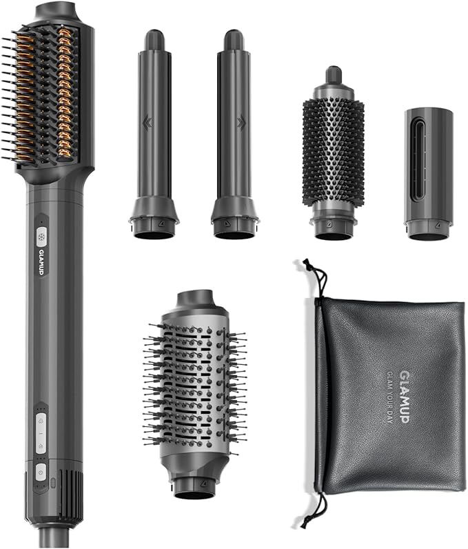 GLAMUP® FusionPro™ 6 in 1 Hot Air Styler- Wrap Curler & Thermal Brush Straightener, High Speed Hair Dryer, Round Brush, Volumizer, Hair Styling Gift Set with Travel Bag, Blow Dryer Brush