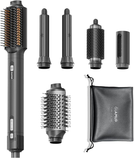 GLAMUP® FusionPro™ 6 in 1 Hot Air Styler- Wrap Curler & Thermal Brush Straightener, High Speed Hair Dryer, Round Brush, Volumizer, Hair Styling Gift Set with Travel Bag, Blow Dryer Brush