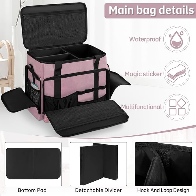 FREEAMG Extra Large Makeup Case with 4 Removable Pouches, Professional Make up Train Case,Travel Cosmetic Bag for Hairstylists Nail Tech Makeup Artist with Shoulder Strap and Handle (Pink)（Bag only）