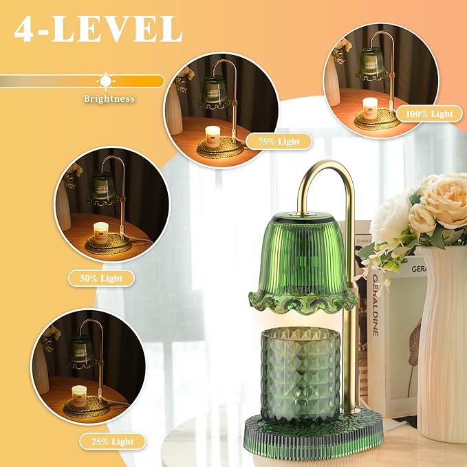 Candle Warmer Lamp with Adjustable Height - Flameless 4-Level Dimmable Wax Warmer, Timer Function & Stylish Design in Multiple Colors (Green1)