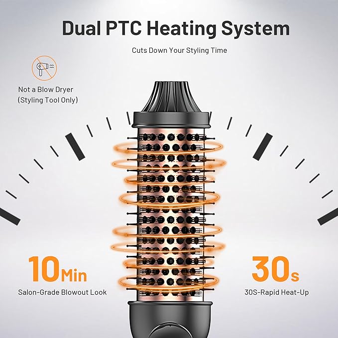 Thermal Brush, 3-in-1 Curling Iron - 30s Fast Heat, 4 Temp Settings (300℉-400℉), Anti-Scald Design for Loose Curls, Straight Hair & Volume (Home & Travel Use)