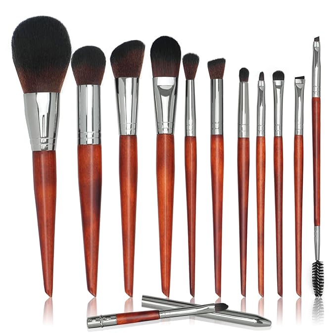 Intercilium Rains Makeup Brush Set 12pcs，Professional Premium Synthetic Powder Foundation Contour Blush Concealer Eyeshadow Blending Liner Make Up Brushes Kit（Redwood color B300）