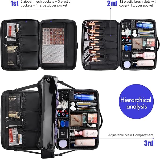 Relavel Extra Large Makeup Case and Makeup Brush Holder Bag, Professional Makeup Organizer, Large Capacity with Adjustable Dividers and Shoulder Strap (Black)