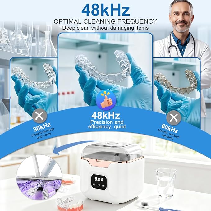 Ultrasonic Retainer Cleaner Machine, 48kHz Ultrasonic Dentures Cleaner with Timer & 4 Modes, 240ML Dental Pod for Mouth Guards, Braces, Aligner, Toothbrush, Jewelry, Makeup tool (White)