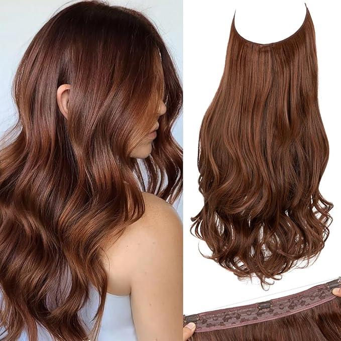 SARLA Invisible Wire Hair ExtensionsLong Wavy Curly Synthetic Hairpiece f with 3 Clips or Women Adjustable Transparent Headband 18 Inch Red Vino