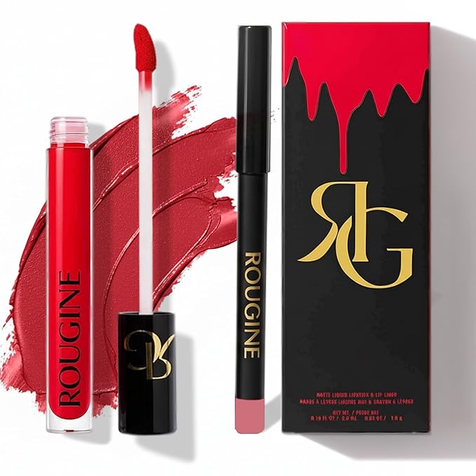 Rougine Liquid Lipstick & Lip Liner Set for Women – Smooth Matte Red Love Shade, Long-Lasting Waterproof Lipstick, Smudge-Resistant Lip Makeup, Soft Glide Liner – Vitamin E & Shea Butter