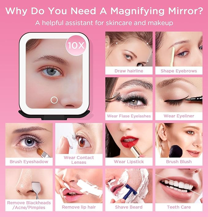 EAONE Travel Makeup Mirror with Lights, Double Sided Magnifying Vanity Mirror 10X/1X with 3 Color Lighting & Dimmable Touch Screen, Compact Handheld Cosmetic Mirror for Bathroom, Women Gifts (Black)