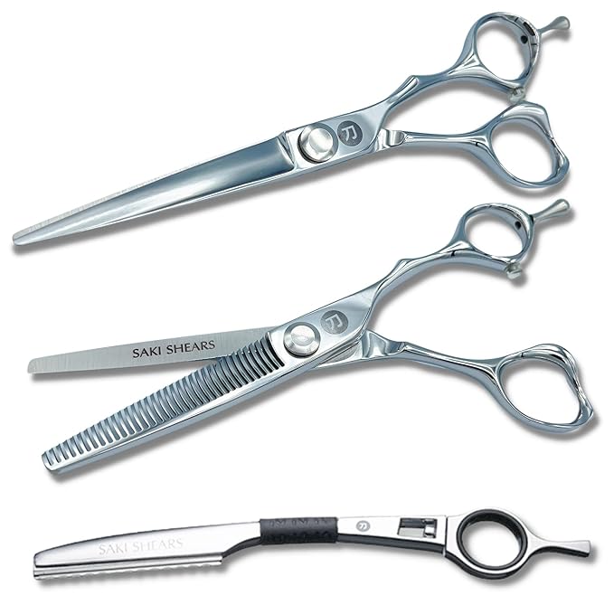 Saki Shears Majime 6 Inch Hair Cutting Set of Shears Includes Cutting Scissors, Thinning Shears, Hair Razor and Leather Carrying Case - Perfect for Professional or Home Hair Cuts