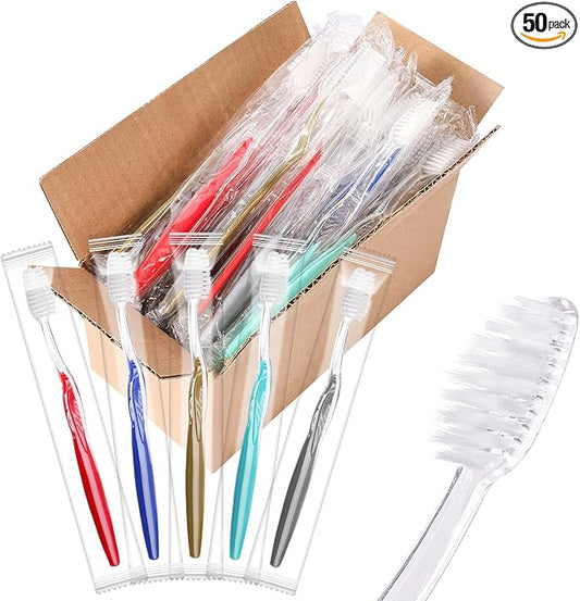 50PCS Disposable Toothbrushes, Individually Wrapped Travel Toothbrushes Bulk, Soft Brush Bristles Travel Single Use Toothbrush for Home Hotel Camping