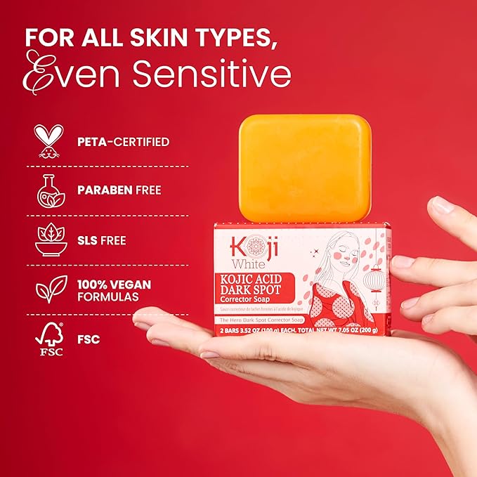 Koji White 4% Kojic Acid Dark Spot Corrector Soap For Exfoliating & Moisturizes with Vitamin C, Licorice Root Extract, Hydrating & Even Skin Tone Cleansing Bar for Face & Body, Vegan, 3.52 Oz (2 Bars)