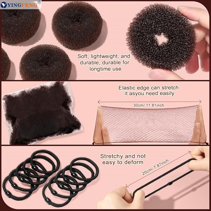 YINGFENG 134 Pcs Brown Hair Bun Maker Kit for Kids Small - 4 Hair Donuts for Buns, 20 Hair Nets for Buns, 100 U Shaped Bobby Pins, 10 Hair Bands, for Girls, Ballet Dance, Hair Accessories for Women
