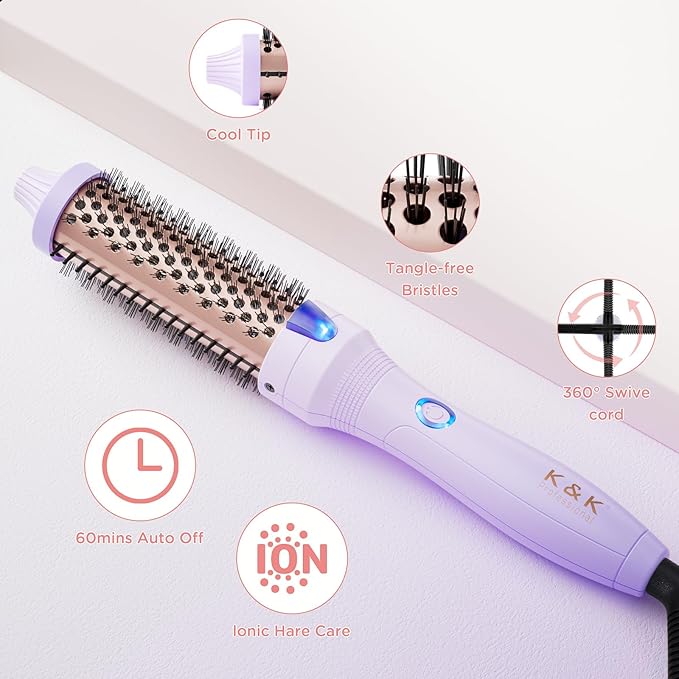 K&K 1.25 Inch Ceramic Tourmaline Ionic Heated Round Brush Curling Brush Creates Blowout Look -Creates Root Volume & Loose Curls Volume Curls Dual Voltage Hair Styling Tool (Purple, 1.25 Inch)