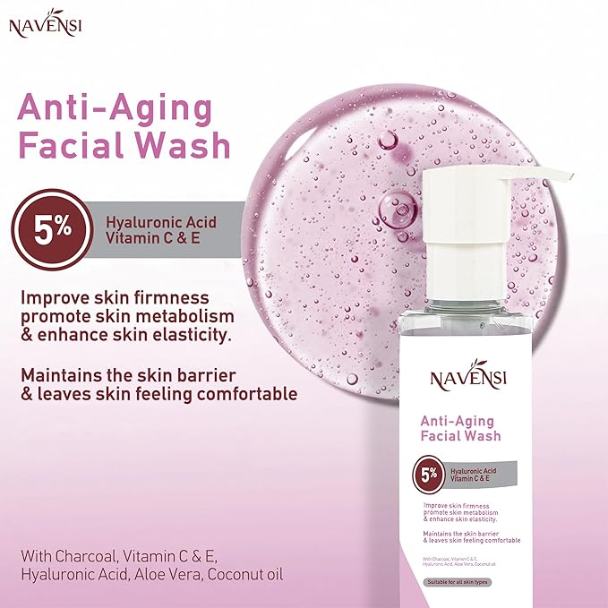Navensi Anti Aging Face Wash 150ml | Hyaluronic Acid, Manuka Honey, Charcoal & Aloe Vera Facial Wash For Women & Men | Deep Cleansing, Hydrating Facial Cleanser For Smooth, Youthful Skin