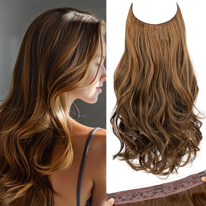 SARLA Invisible Wire Hair Extensions with 3 Clips Short Wavy Curly Synthetic Hairpiece for Women Adjustable Transparent Headband 14 Inch Chestnut