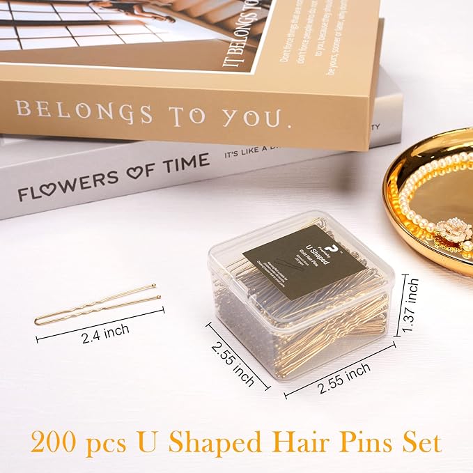 U Shape Bobby Pins in Case - 200pcs Gold Hair Pins Clips Bulk for Women - 2.4" Large Strong Hold Bun Pins for Thick/Curly/Straight Hair - Hair Accessories for Styling, Updos, Wedding, Daily Use
