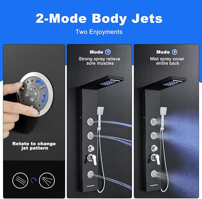 TSIBOMU Multi-Function LED Lights Shower Panel System Black, 5 in 1 Shower Panel Include Rainfall & Waterfall Shower Head, 3 Pcs Adjustable Massage Jets, Handheld Shower, Tub Spout
