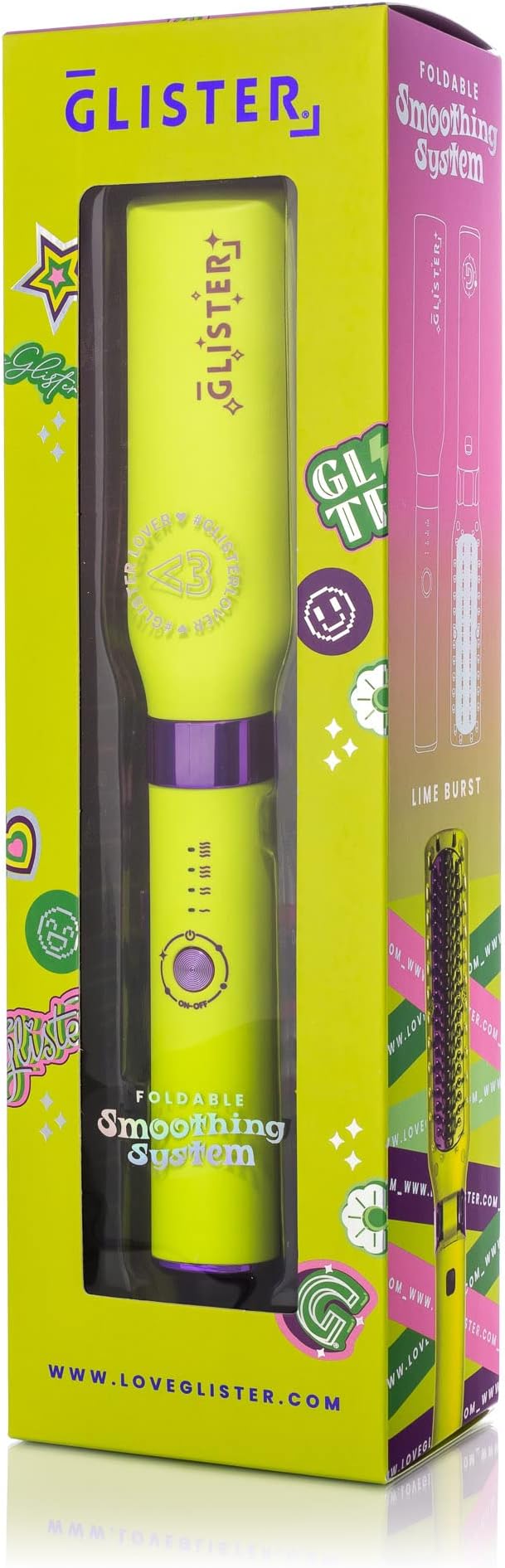 Glister Folding Hair Straightener Brush, Hair Brush for Hair Straightening, Volumizer, Fringe Curler, Hair Styling Comb with Adjustable Temperature - Lime Burst (Yellow)