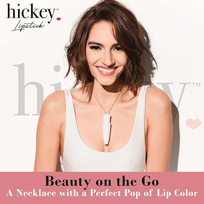 Hickey Lipstick Set - Skinny Dip (Light Pink), Refillable Silver Case with Chain, Satin Pouch & Ribbon (Wearable Necklace), Long Lasting Hydrating Velvet Finish Lipstick for Women, Vegan & Gluten-Free