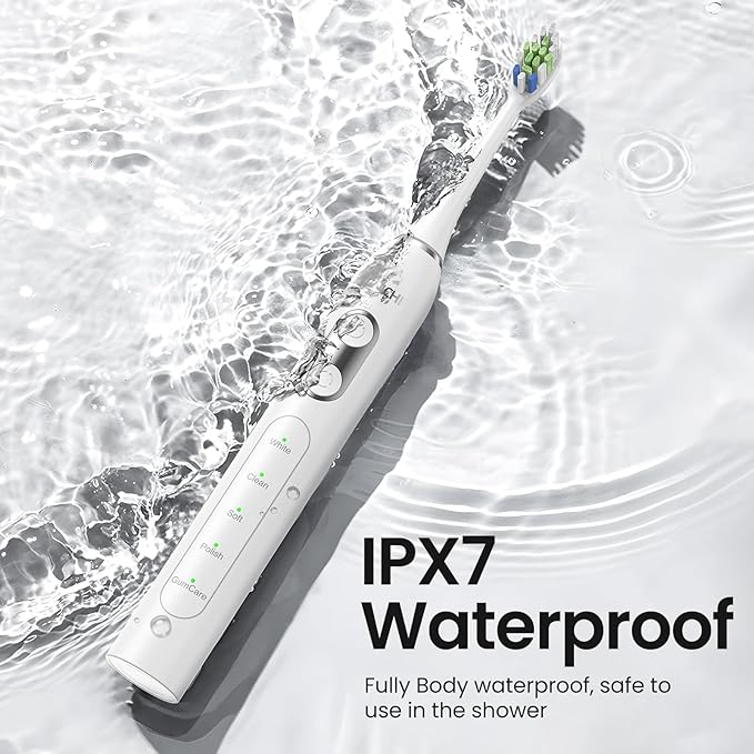 YUNCHI Electric Toothbrush Birthday/Valentine Plastic 8 Heads 24-Mo Deep Cleans Gentle Gums Removes Stains 3Hr USB-C 90d 2-Min Timer/30s IPX7 - White