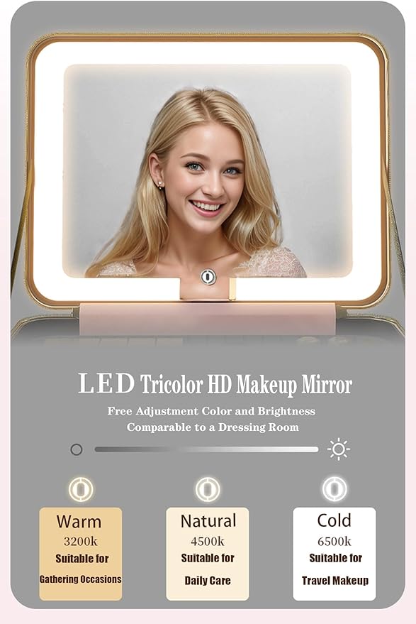ZhenGuiRu Travle Makeup Bag with LED Mirror, Portable Makeup Artist Organizer Case with Lighted Mirror, Makeup Bag with Adjustable Dividers, Cosmetic Brush Storage Box for Women Gift