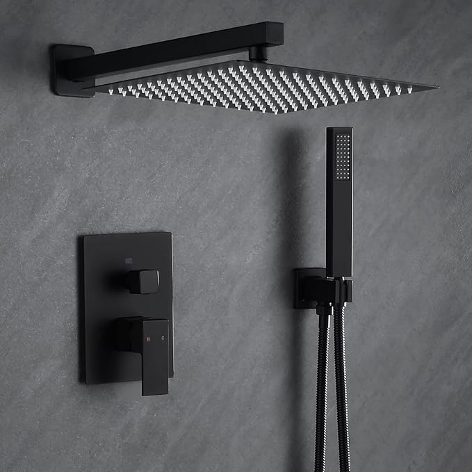 Fransiton Shower Faucet set with Shower head 10 Inches Rainfall Shower Head and Handle Set Single Handle Wall Mounted Shower System Set with Female Threads Valve Body(Matte Black)