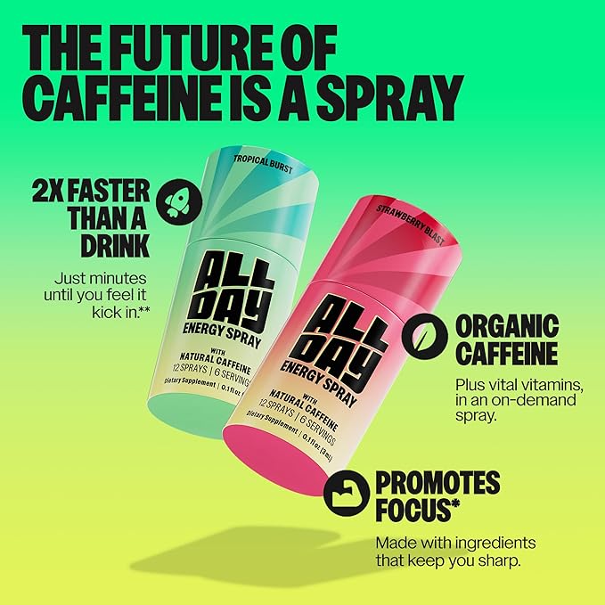ALLDAY Caffeine Spray, Promotes Focus and Energy (Variety Pack, 8 Bottles, 96 Sprays) | 32mg Natural Caffeine per Spray | Pocket-Size Energy Shot with L-Theanine, Vitamin B12, & Vitamin D