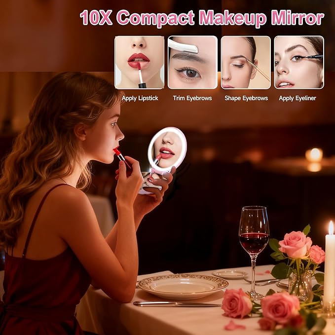 Compact Makeup Mirror with Lights Travel Mirror with Light Small Compact Mirror 2x/10x Magnification & LED Lighted,Rechargeable Compact Mirror Portable Adjustable Pocket, White