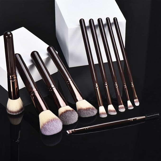 YJ-Anyue 10 Piece Black brown Makeup Brushes and 10 Piece Makeup Sponge – Wooden Handle,with Soft Synthetic Bristles,|Professional Makeup Brushes set for Women & Girls|