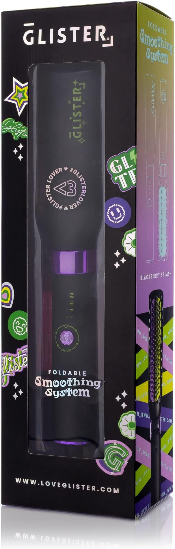Glister Folding Hair Straightener Brush, Hair Brush for Hair Straightening, Volumizer, Fringe Curler, Hair Styling Comb with Adjustable Temperature - Black Berry Splash (Black)