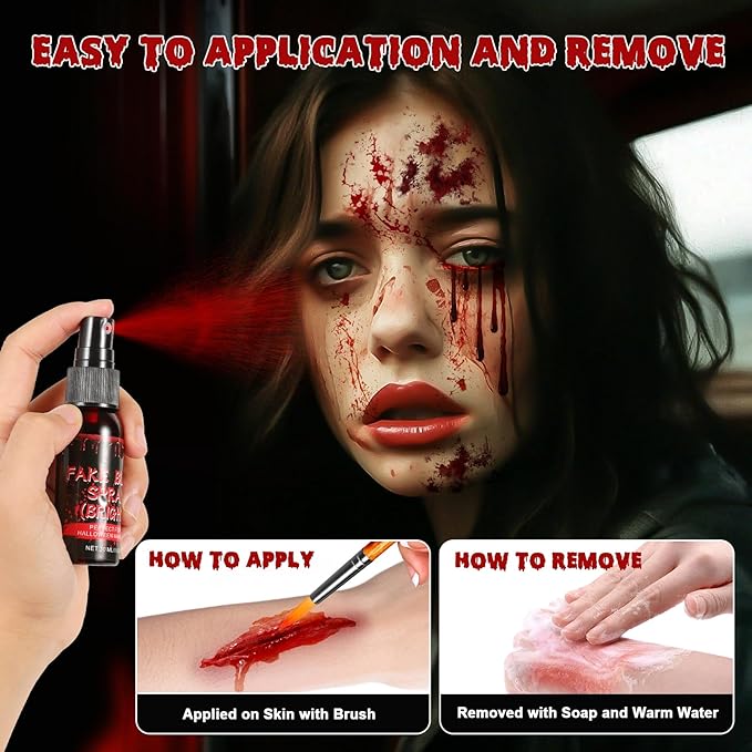Halloween Fake Blood Makeup Kit - Includes Realistic Coagulated Blood Gel, Fake Blood Spray, Dripping Blood, Stage Blood, for Zombie Vampire Cosplay Party Mouth Clothes
